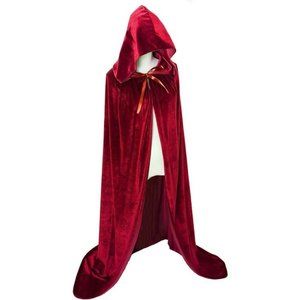 Wine Red Velvet Full Length Lace Decor Hooded Halloween Fancy Dress Costume